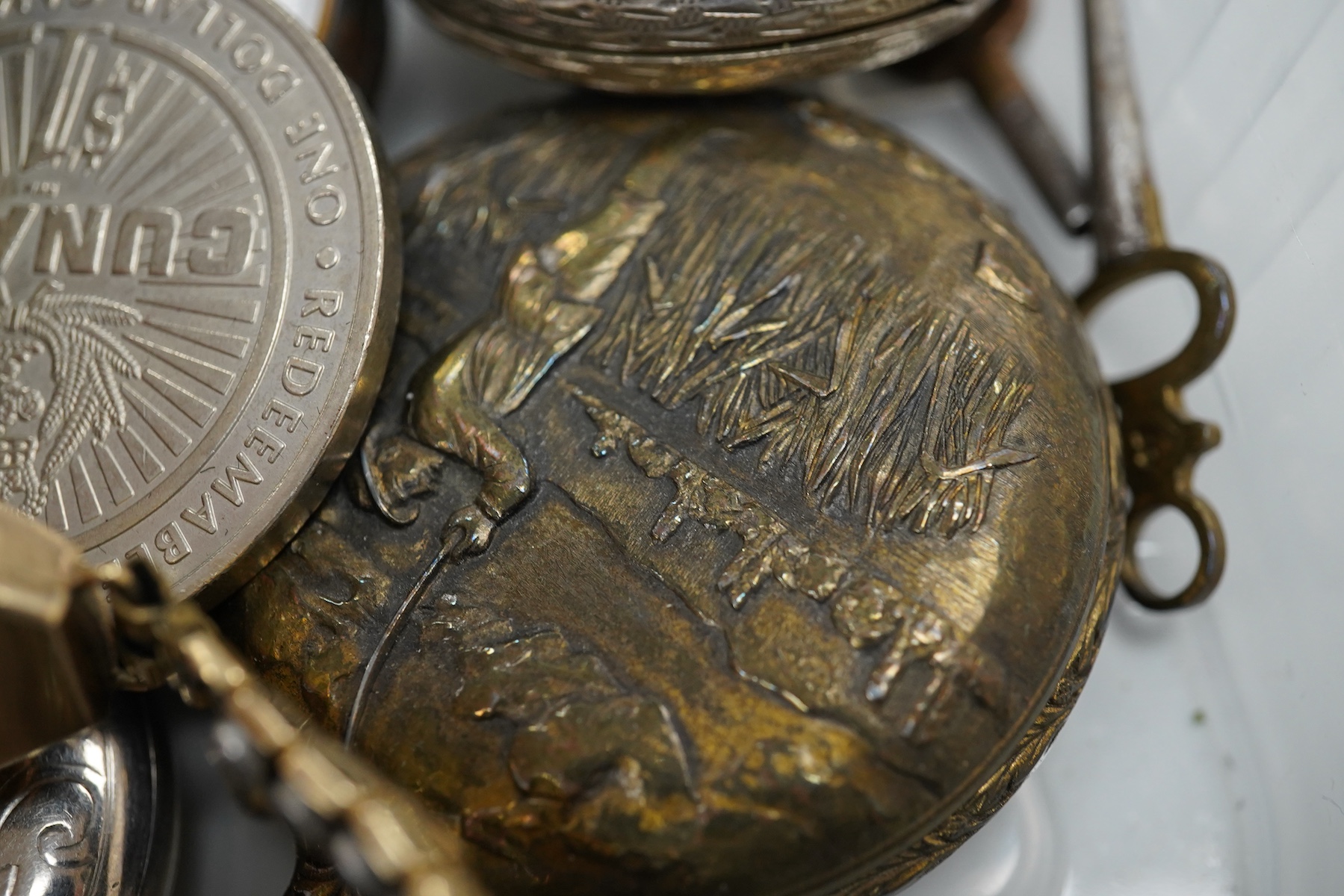 Seven assorted pocket and fob watches including a gold plated hunter by Thomas Russell & Son and an open faced Waltham, together with four other items including three wrist watches.